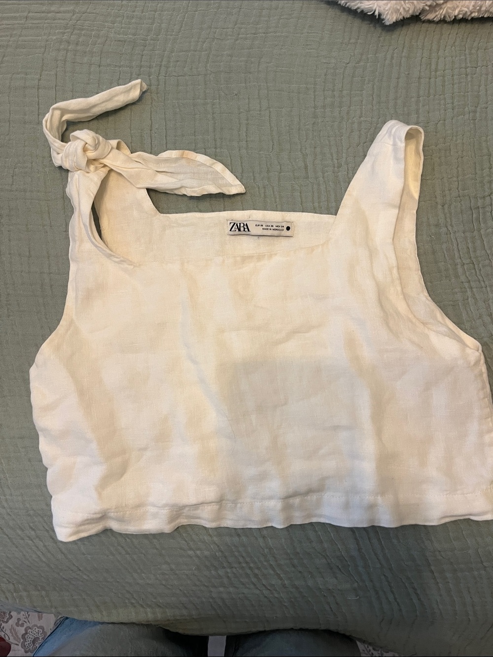ZARA Cream Linen Tie-Shoulder Cropped Tank Top